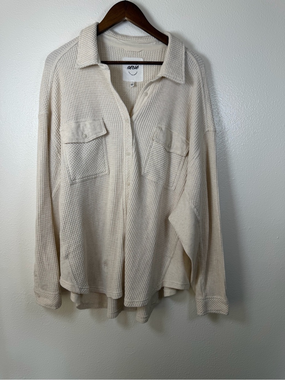 aerie Cream Waffle-Knit Button-Up Shirt Cardigan